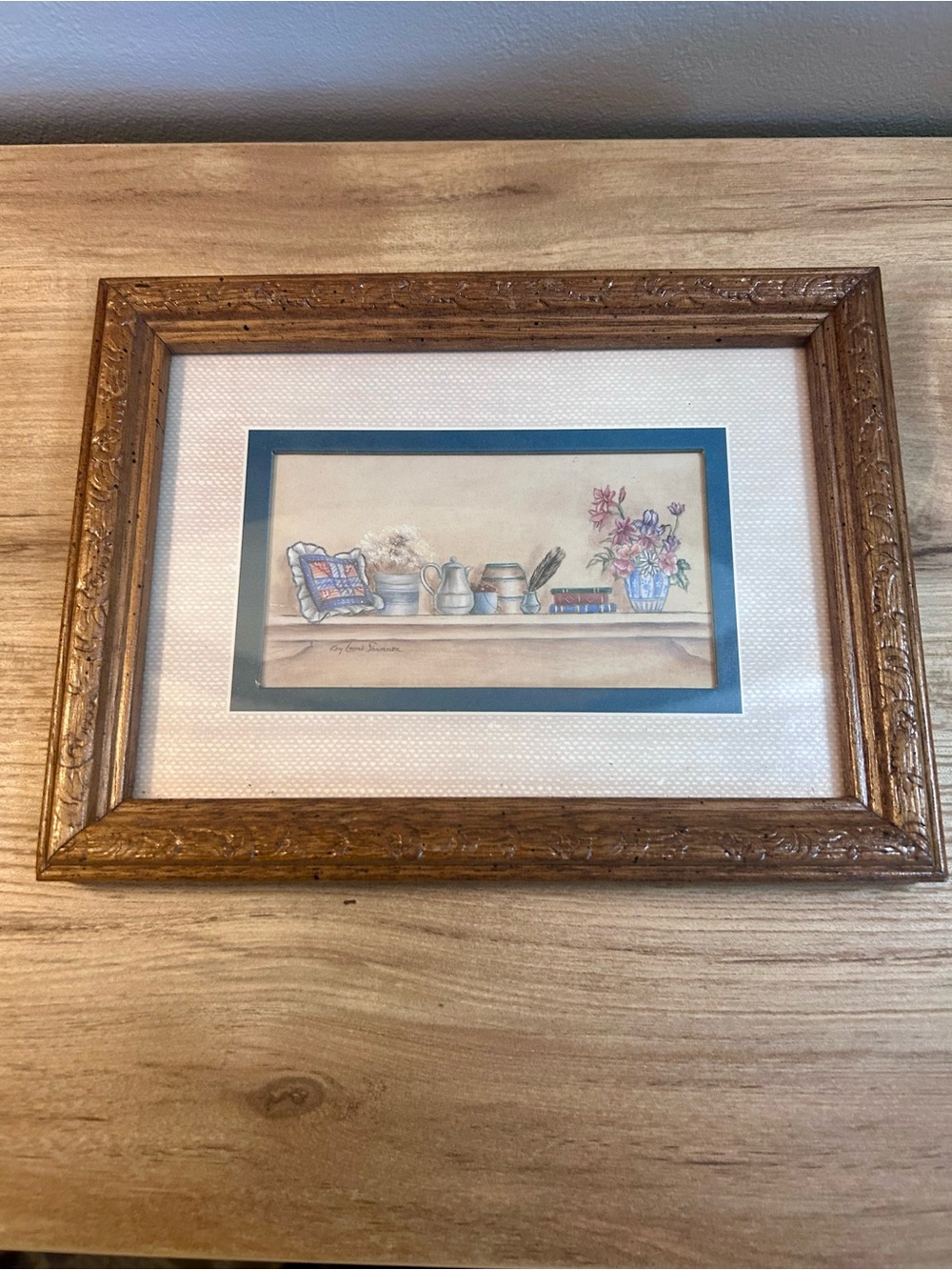 Vintage Gold Ornate Frame with Blue Mat and Floral Shelf Print